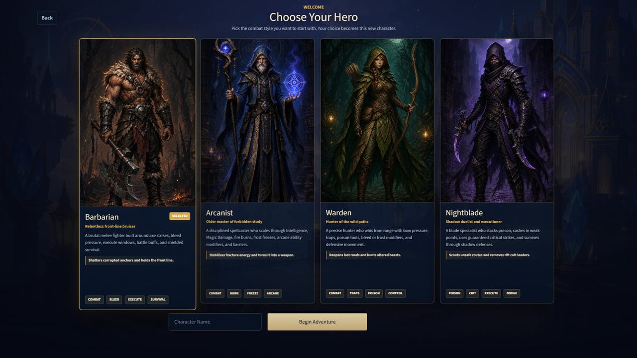 Vespera class select screen showing Barbarian, Arcanist, Warden, and Nightblade