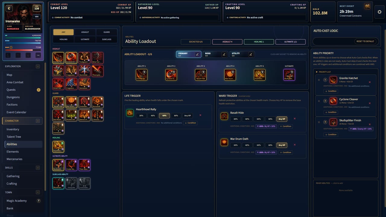 Vespera ability loadout and auto-cast logic on the character HUD